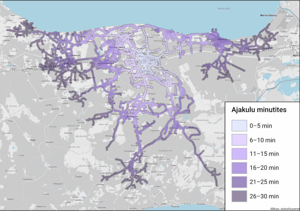 Kaart: Ajakulu, mis kulub sõiduautoga keskusesse Jõhvi sõitmiseks arvestades tee seisundit ja kiirusepiiranguid.